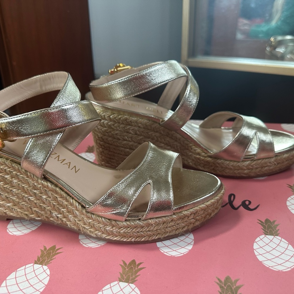 Stuart Weitzman Gold Wedge Espadrilles with Crisscross Straps